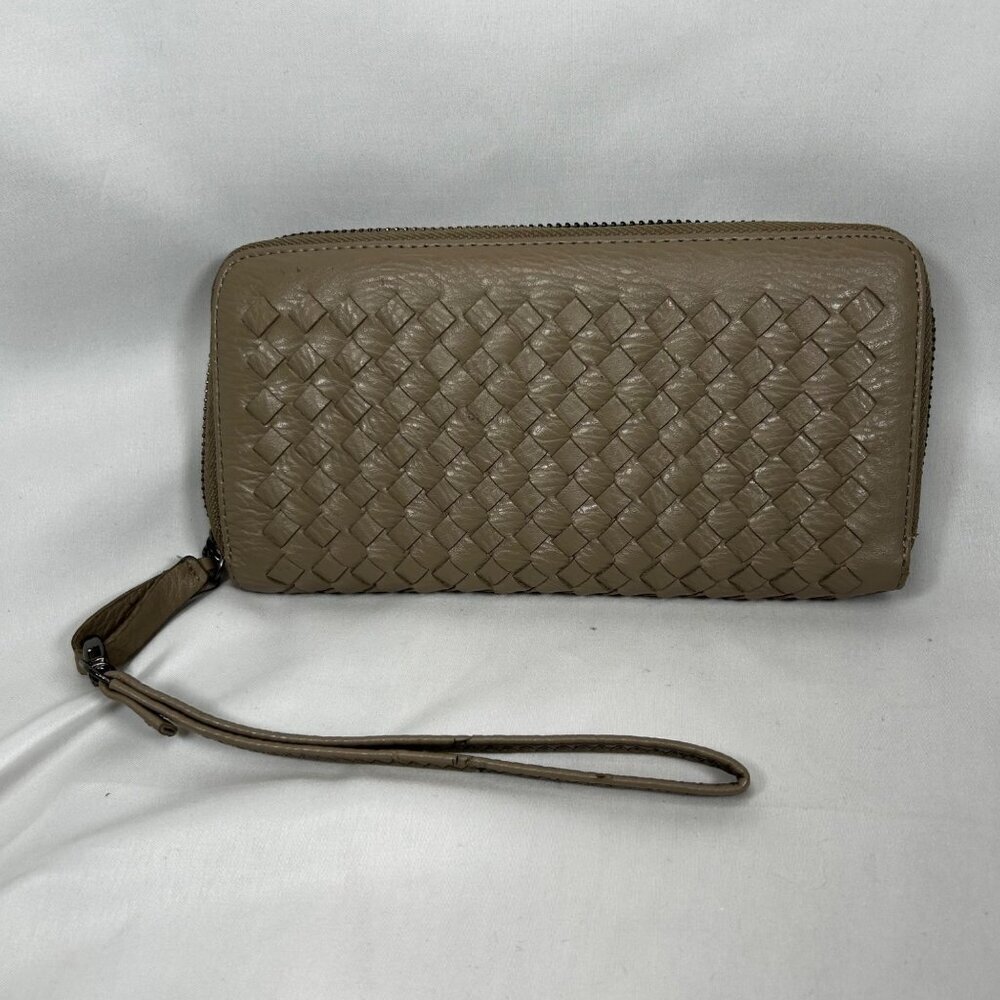 Taupe Nappa Intrecciato Woven Leather Zip Around Wallet Wristlet